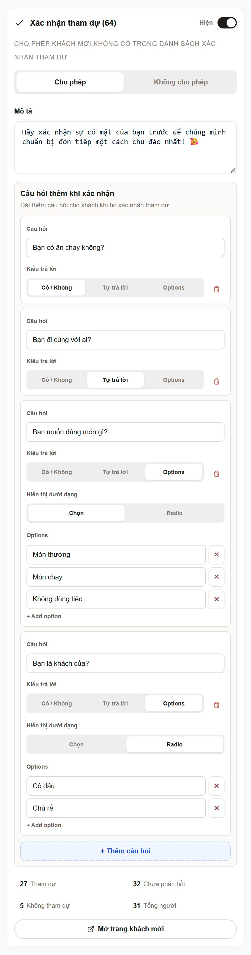 Ba dạng câu hỏi RSVP Có Không, Tự trả lời và Options trên Vowry ở điện thoại