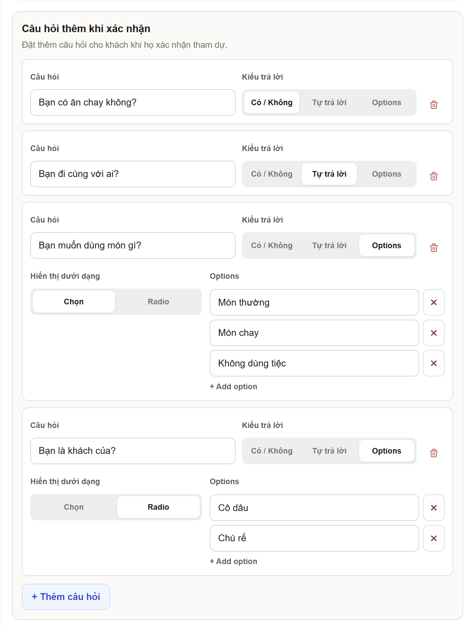 Ba dạng câu hỏi RSVP Có Không, Tự trả lời và Options trên Vowry ở máy tính