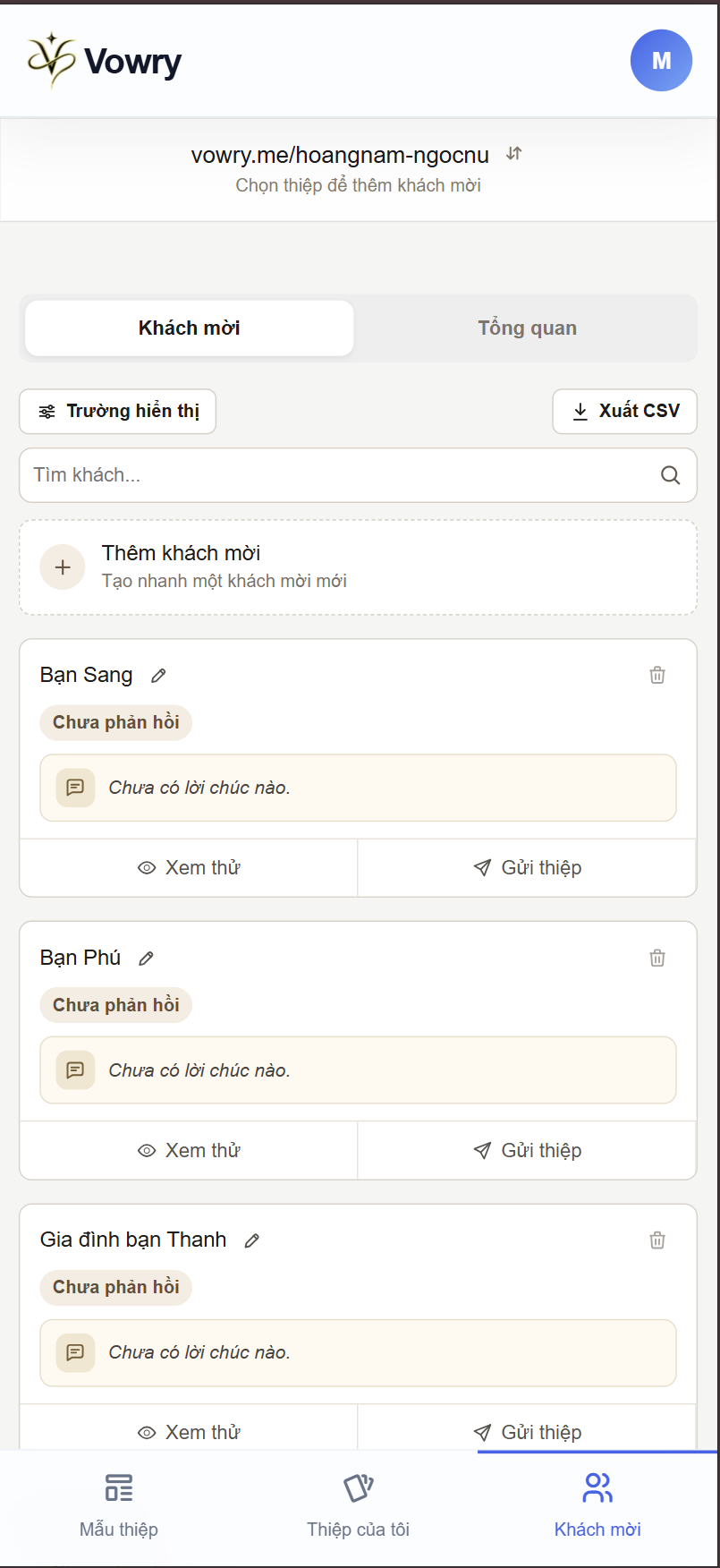 Mục Khách mời trên trang quản lý thiệp cưới online Vowry ở điện thoại