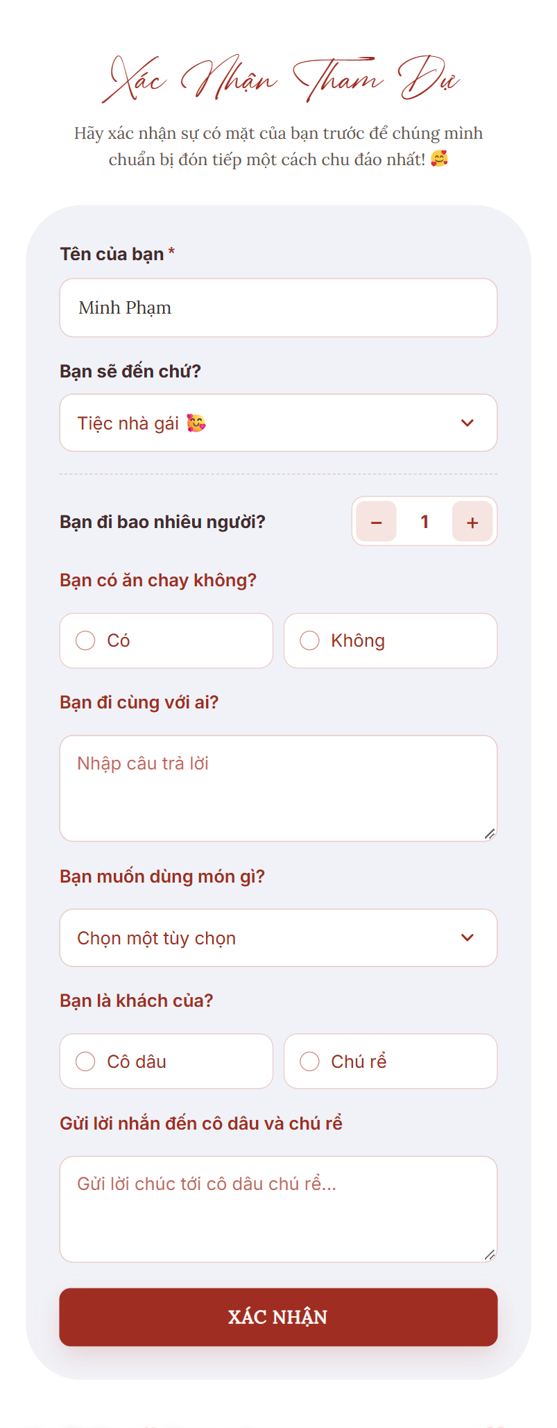 Biểu mẫu RSVP mà khách mời nhìn thấy trên thiệp cưới online Vowry