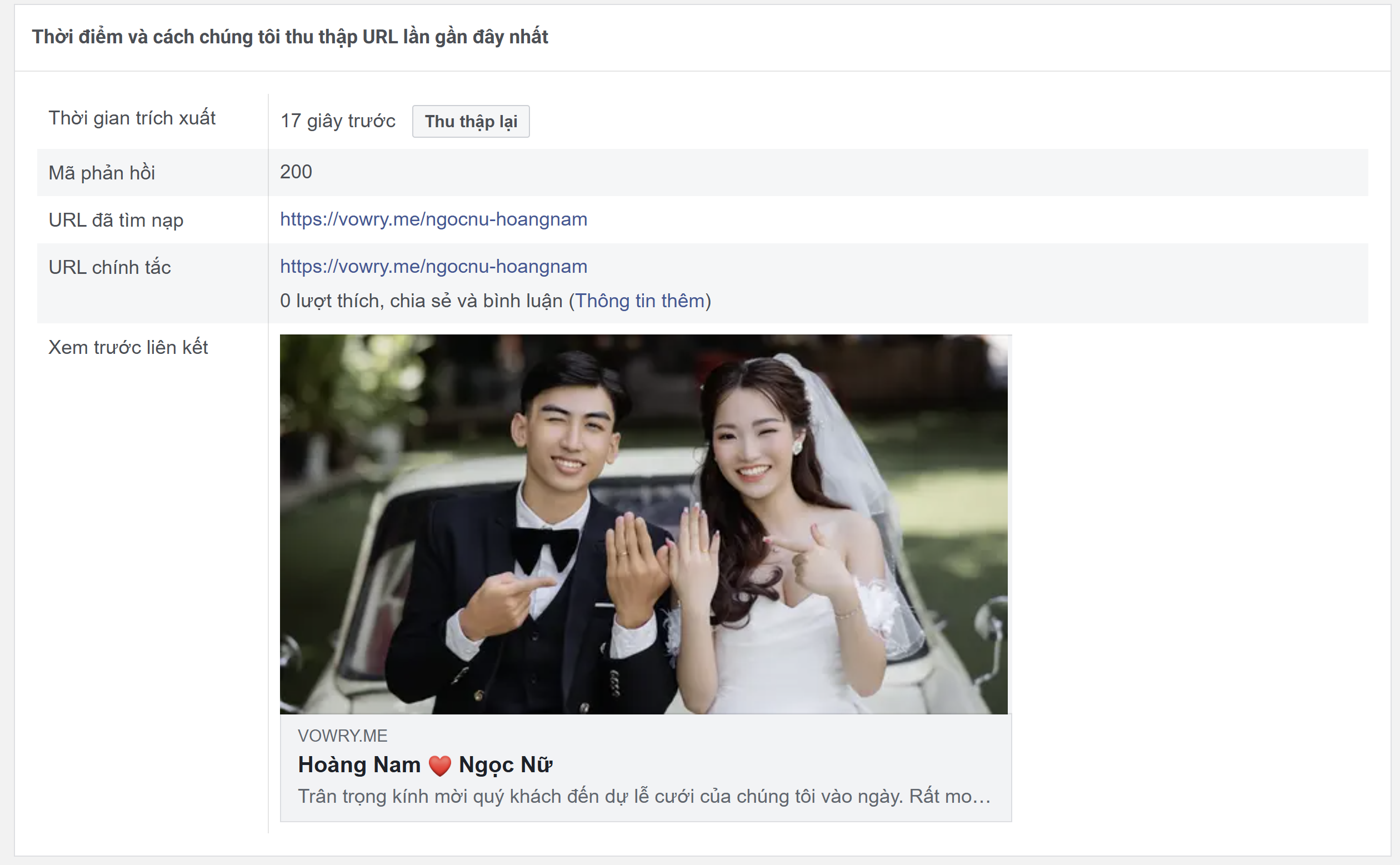 Facebook Sharing Debugger hiển thị bản xem trước thiệp cưới Vowry và nút Thu thập lại