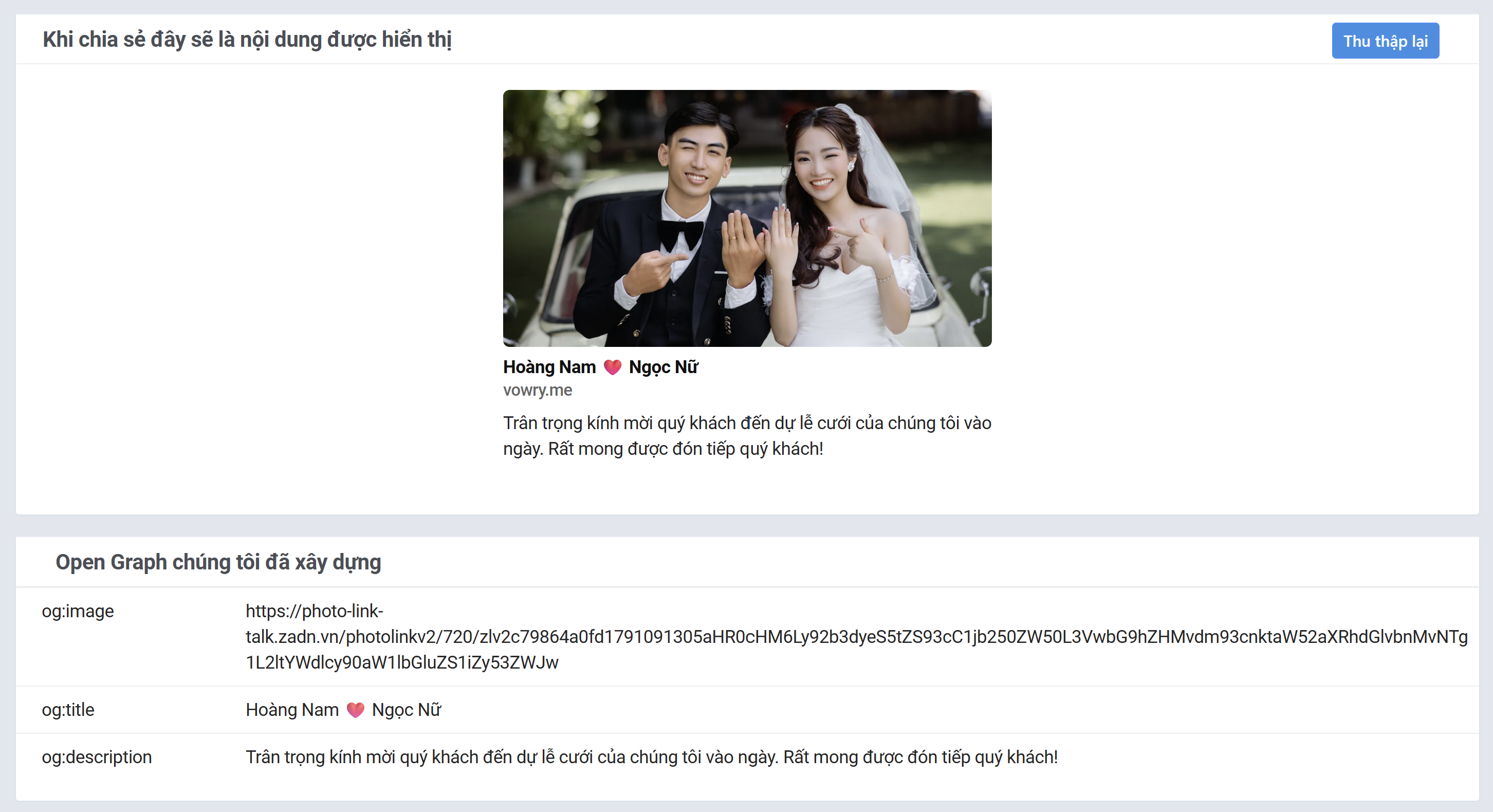 Công cụ Zalo hiển thị ảnh tiêu đề mô tả Open Graph và nút Thu thập lại