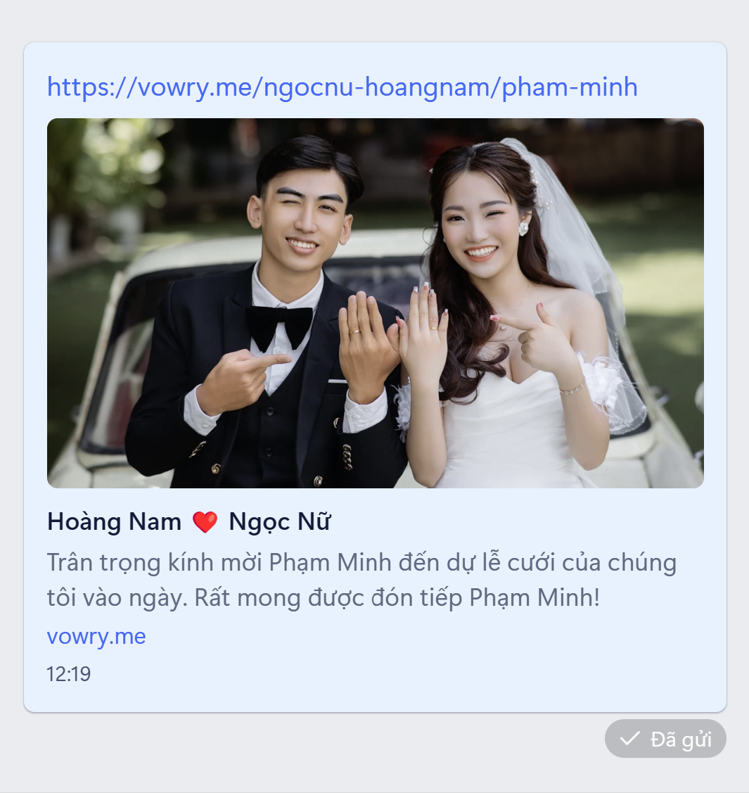 Mô tả thiệp cưới Vowry trên Zalo tự hiển thị tên khách Phạm Minh từ đường dẫn riêng