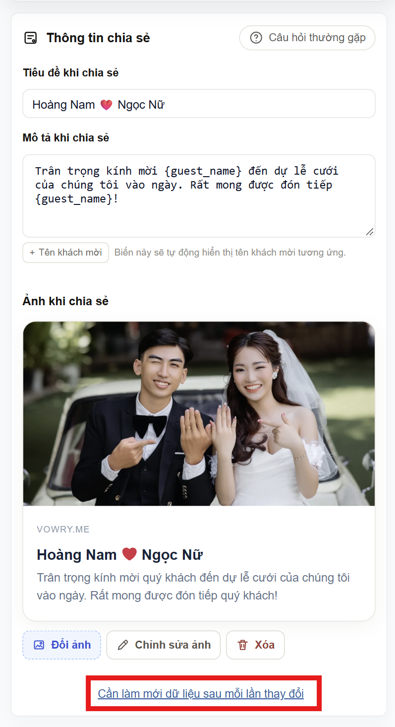 Mục Thông tin chia sẻ của thiệp cưới online Vowry với tiêu đề mô tả ảnh và bản xem trước